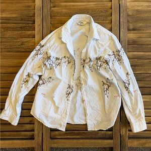 Roper Vintage White Button-Down Shirt with Brown Horse Print Shoulder Pads - Med